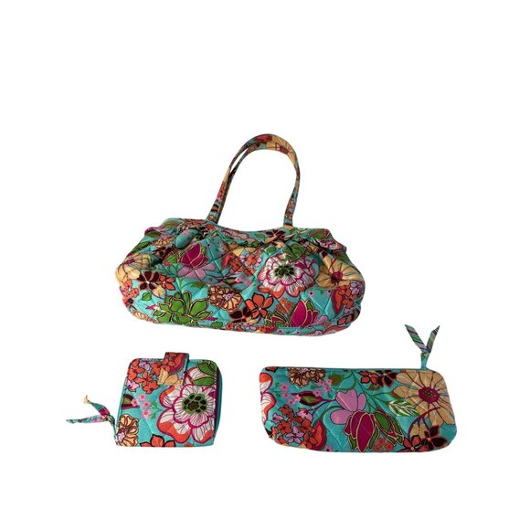 Vera Bradley Tropical Floral Silk Quilted 3 Bag Set Lisa B Wristlet Wallet Pouch - Picture 1 of 12